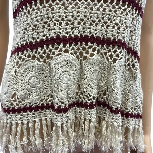 Full Tilt Cream Burgundy Boho Open Crochet Knit Cotton Blend Tank Top Womens XS - Picture 5 of 10